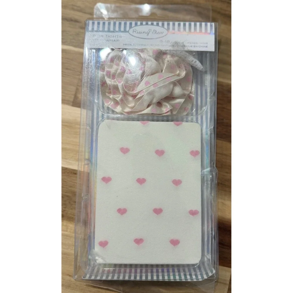 Rising Star Baby Girls White Pink Heart Tights and Headwrap Set 9-18 Months NEW